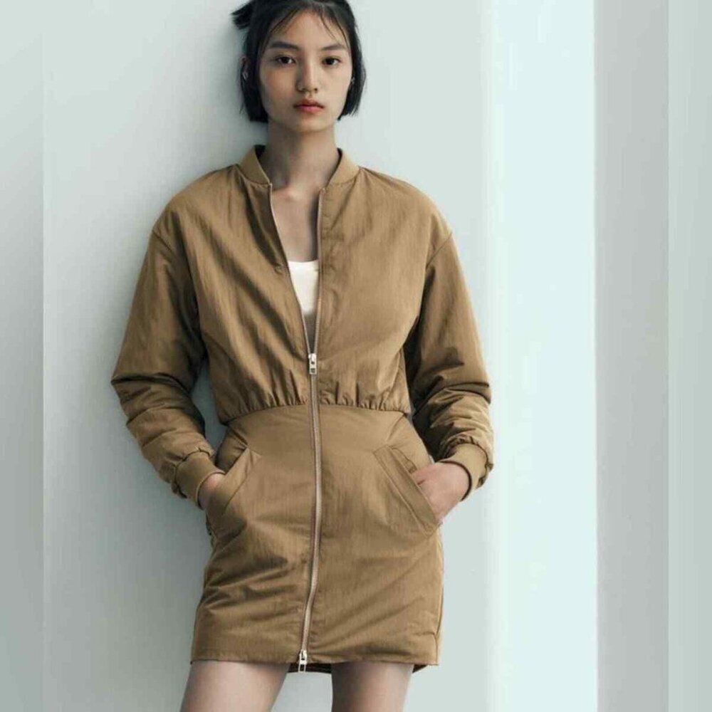 NWT Zara Padded Olive Green Mini Full Zip Mini Short Dress w/ Pockets